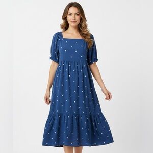 Square-Neck Navy Midi Dress with White Star Detail